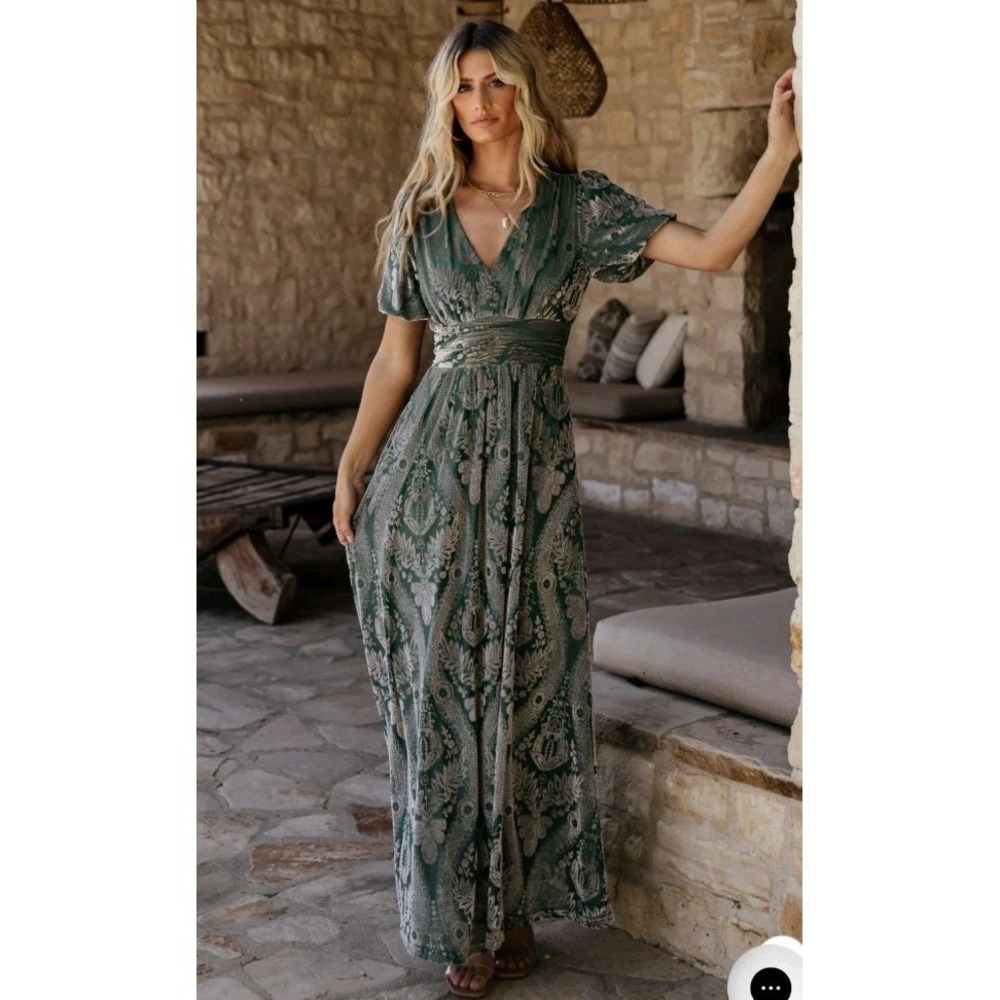 Baltic Born Leslie Velvet Maxi Dress Sage Silver Burnout Size M - Picture 2 of 12